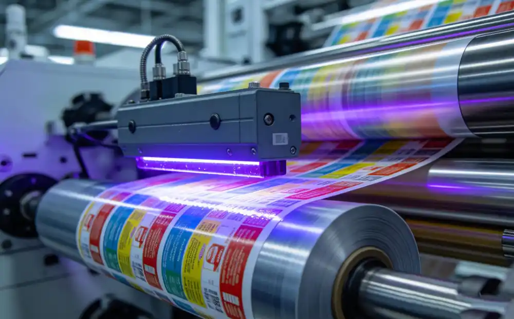 Modern narrow web flexo printing press with UV LED curing system printing high-quality labels at high speed