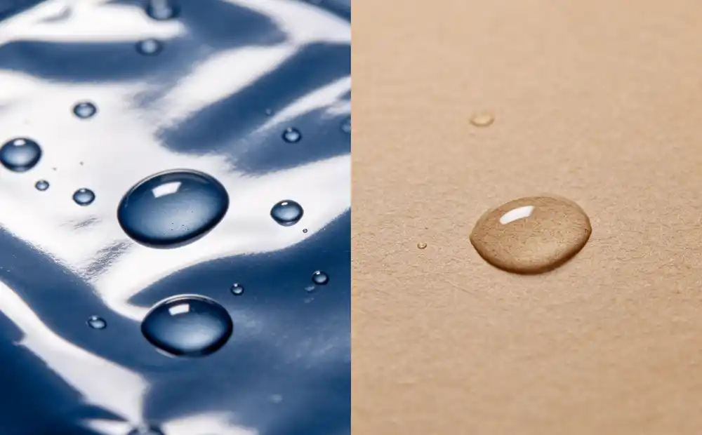 Comparison of UV flexo ink on plastic film versus water-based flexo ink on paper substrate showing gloss and texture differences