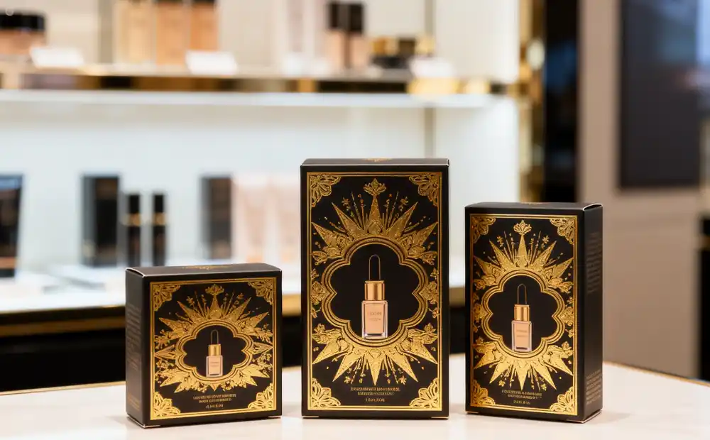 Close-up of luxury cosmetic packaging with metallic gold printing effect used in premium beauty product packaging