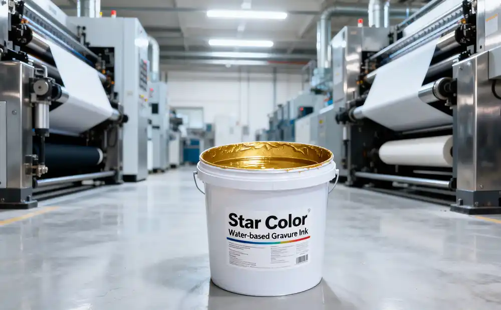 StarColor water-based gravure gold ink container in a printing workshop ready for packaging printing production