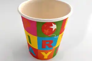 Paper cups with a colorful alphabet pattern for party use