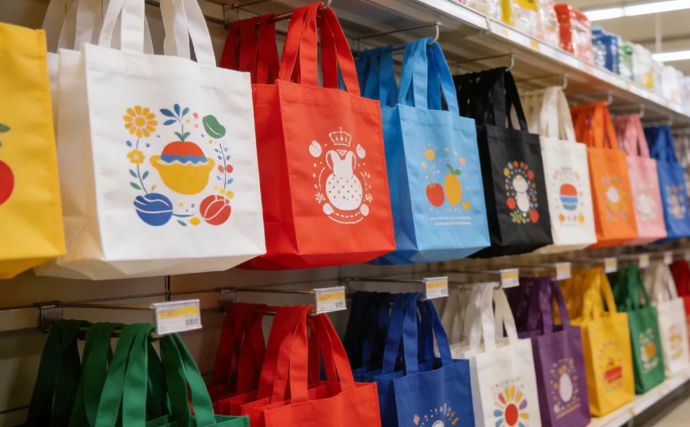 Branded non-woven tote bags with high-definition flexographic printing displayed on supermarket shelf