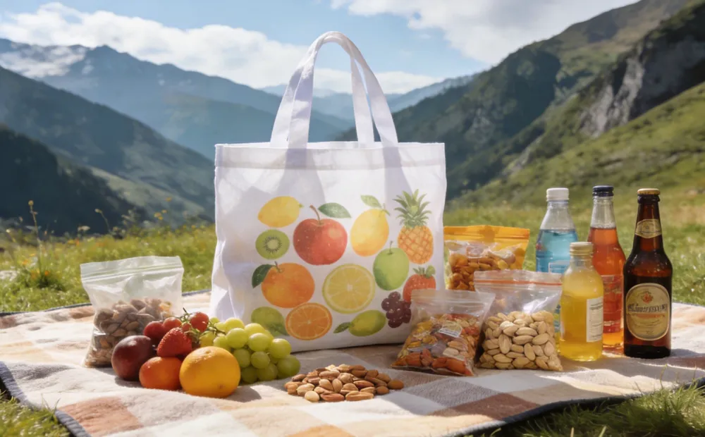 Eco-friendly non-woven shopping bag printed with StarColor water-based ink placed on outdoor picnic mat