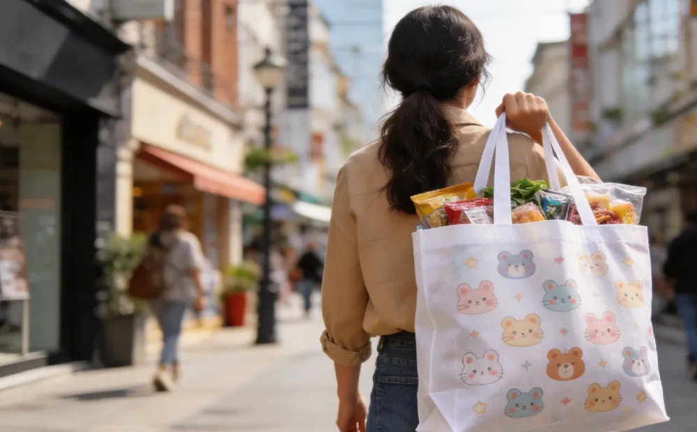 Woman carrying durable printed non-woven shopping bag after outdoor shopping, eco-friendly daily packaging