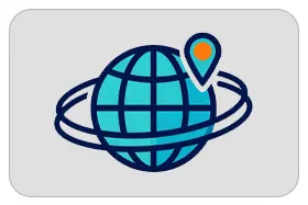 Icon illustrating global support and service network with a globe and connection nodes for international client assistance