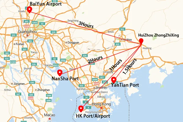 Schematic diagram of Huizhou Star Color to nearby important ports